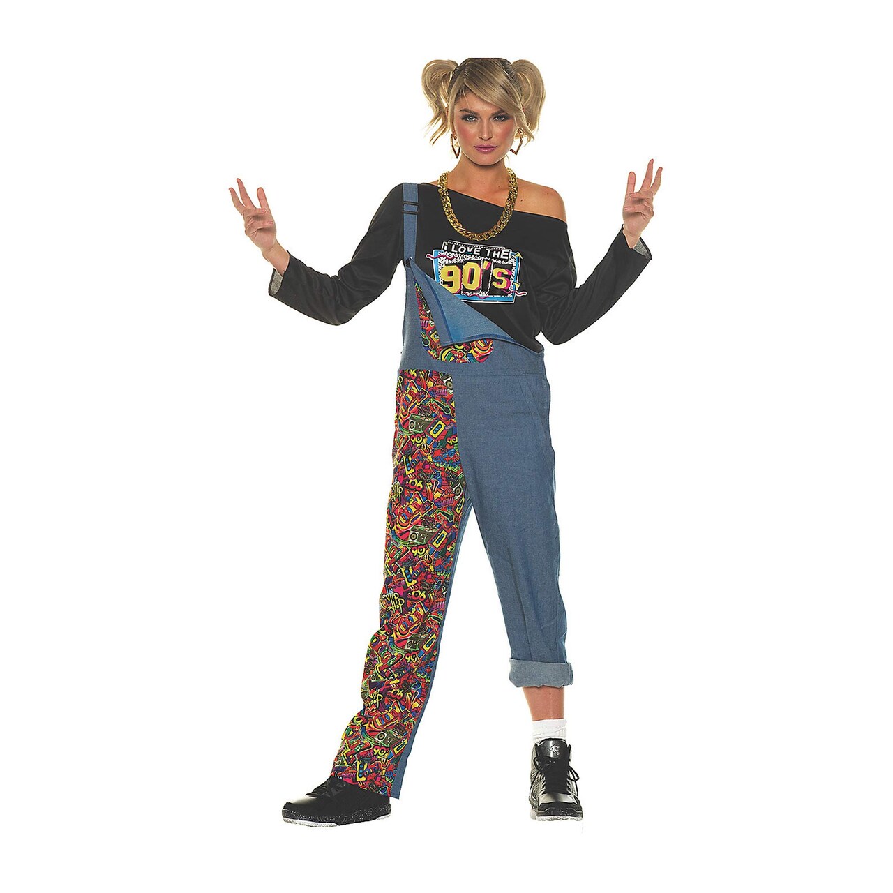Word Up Adult 90s Inspired Overalls Costume with Hip Hop Print Details